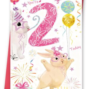 Cute 2nd Birthday Card Gifts for Girl, Happy 2 Year Old Birthday Card for Her, Rabbit Second Bday Decorations