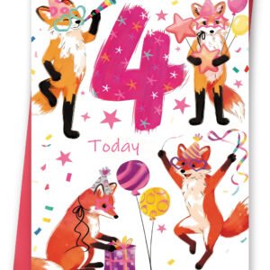 4th Birthday Card for Girl, 4 Year Old Birthday Gifts, Fox Bday Decoration for Daughter Granddaughter Niece