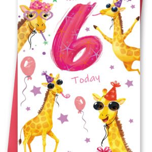 Funny 6th Birthday Card for Girls Kids, Bday Gift for 6 Year Old Girl, Giraffe Sixth Birthday Decorations for Daughter Granddaughter Niece