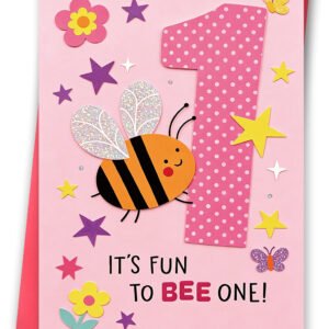 1st Birthday Card for Baby Girl, Cute Bee First Birthday Card for Daughter Granddaughter, Sweet Pink Happy 1st Birthday Card for Little Girl with Printed Message Inside